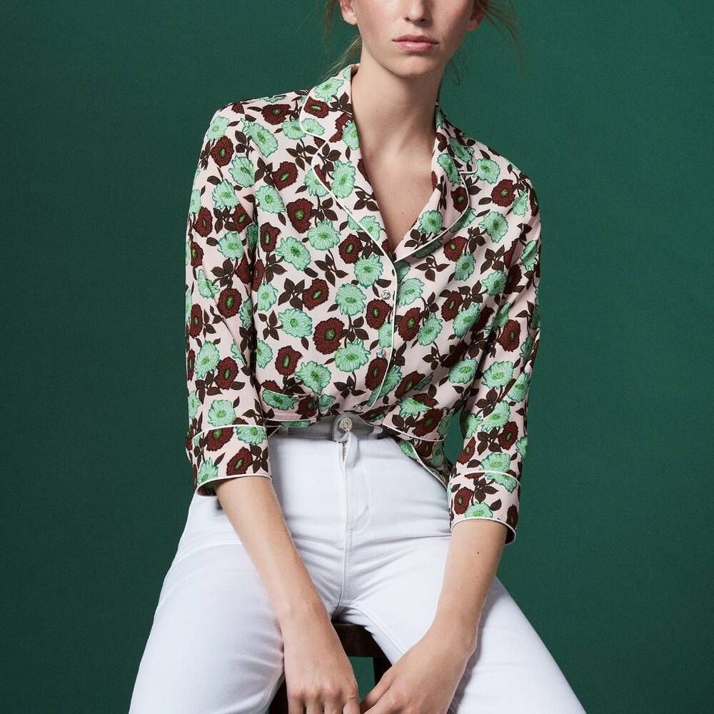 NWOT Sandro Printed Pyjama Style Shirt In Petal Size 1 Small 70s Feminine Spring